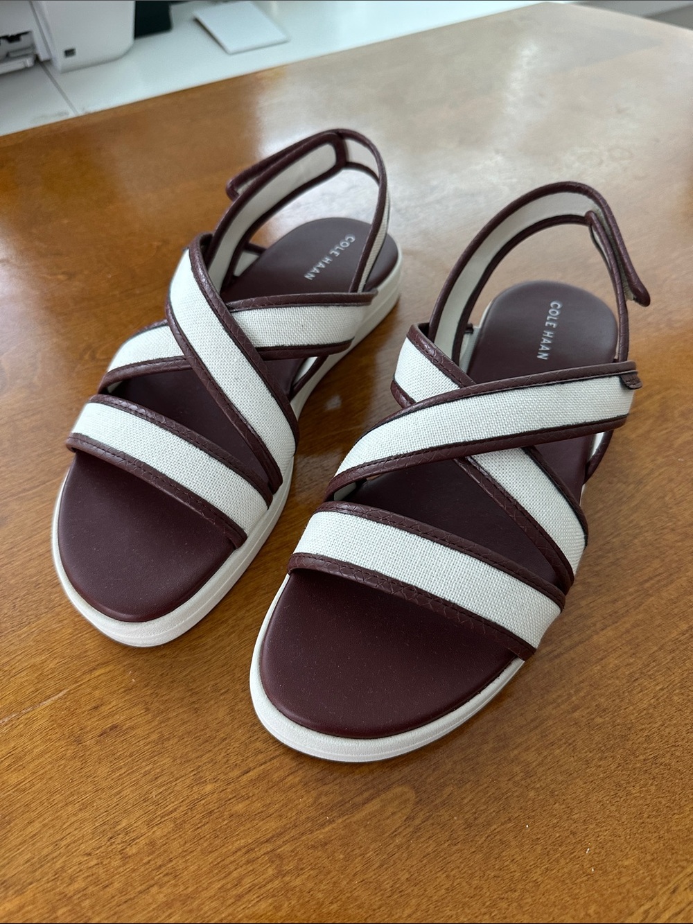 Cole Haan White and Brown Crisscross Slingback Sandals